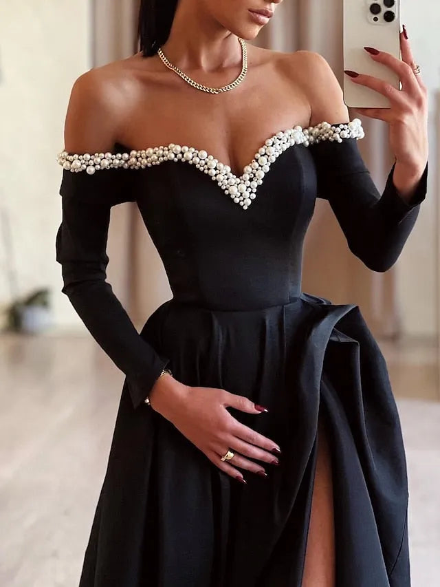 Ball Gown Off-the-Shoulder Floor-length Long Prom Dresses With Split Side Beading
