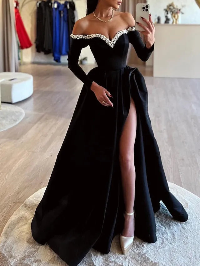 Ball Gown Off-the-Shoulder Floor-length Long Prom Dresses With Split Side Beading