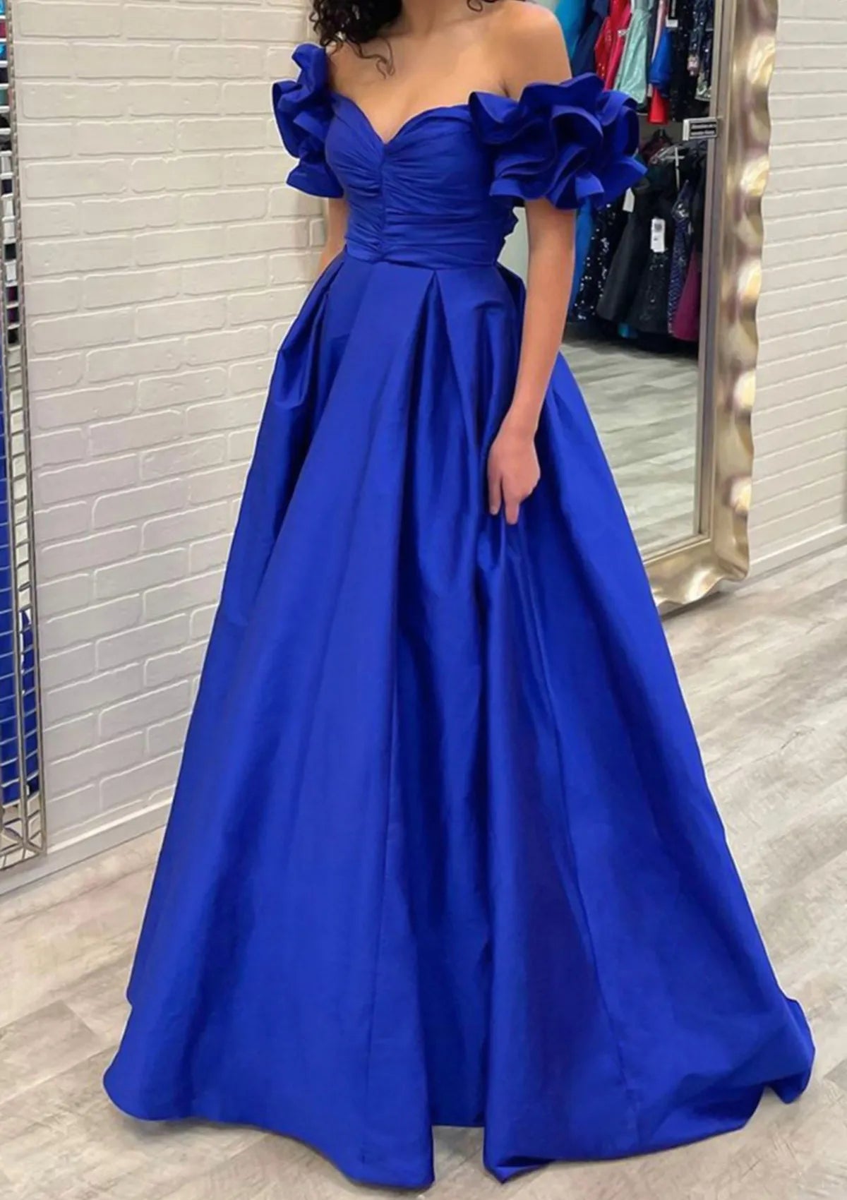 Ball Gown Off-the-Shoulder Short Sleeve Taffeta Sweep Train Prom Dress With Pleated Ruffles