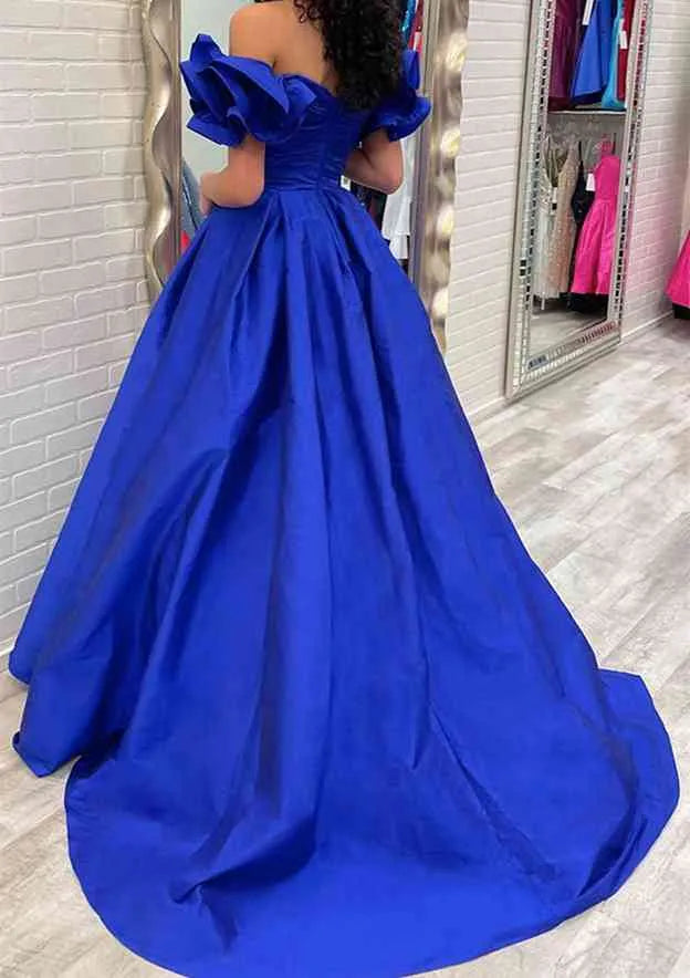 Ball Gown Off-the-Shoulder Short Sleeve Taffeta Sweep Train Prom Dress With Pleated Ruffles