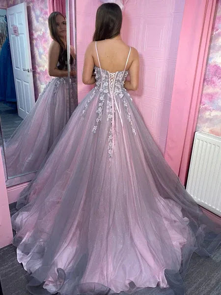 Ball Gown Spaghetti Strap Corset 3D Floral Lace Pink Long Prom Dress