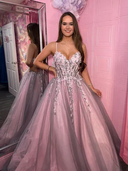 Ball Gown Spaghetti Strap Corset 3D Floral Lace Pink Long Prom Dress