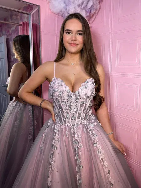 Ball Gown Spaghetti Strap Corset 3D Floral Lace Pink Long Prom Dress