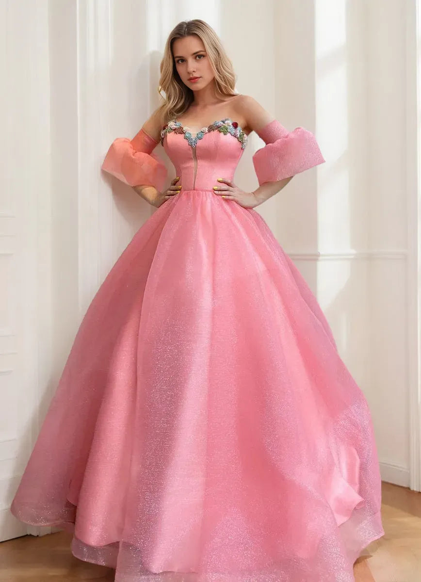 Ball Gown Strapless Sleeveless Elegant Prom Dresses with Embroidery Ruffles