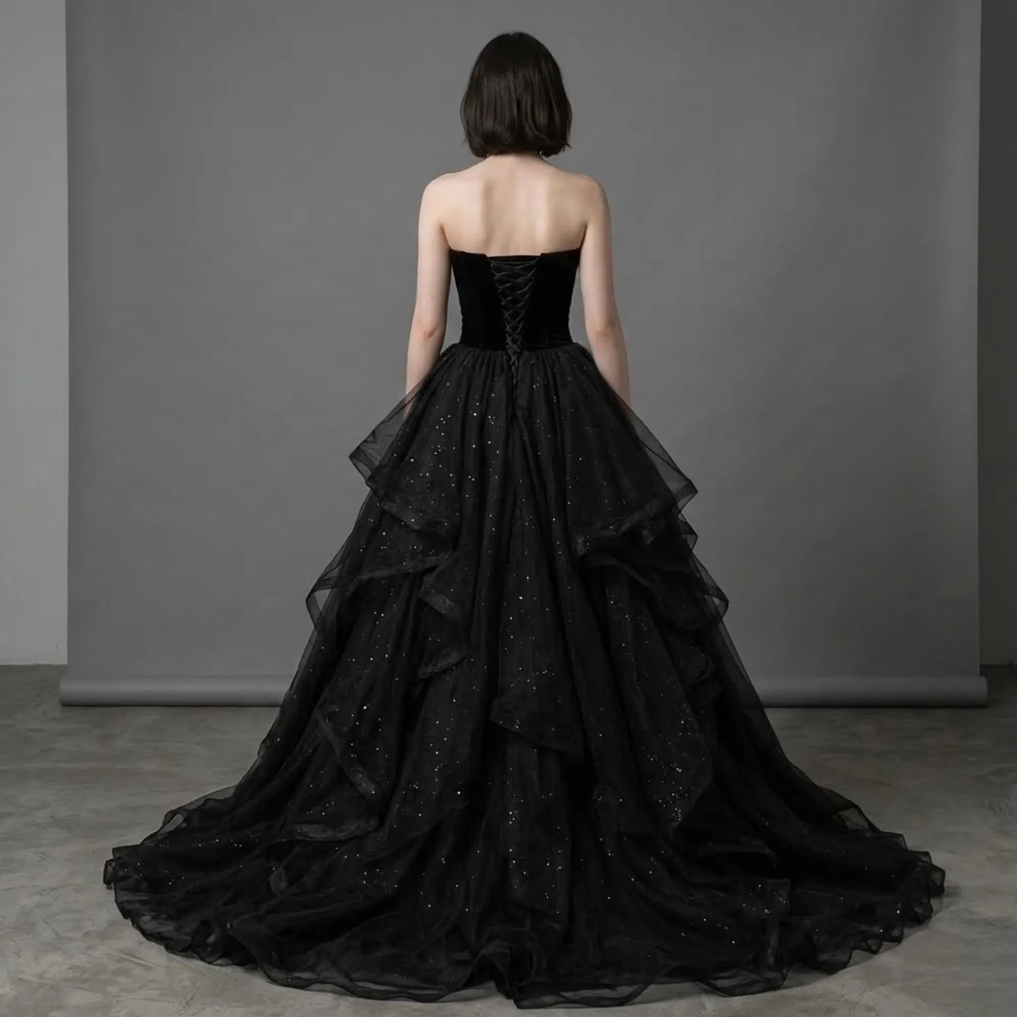 Ball Gown Sweetheart Layers Glitter Tulle Velvet Black Prom Dress With Train