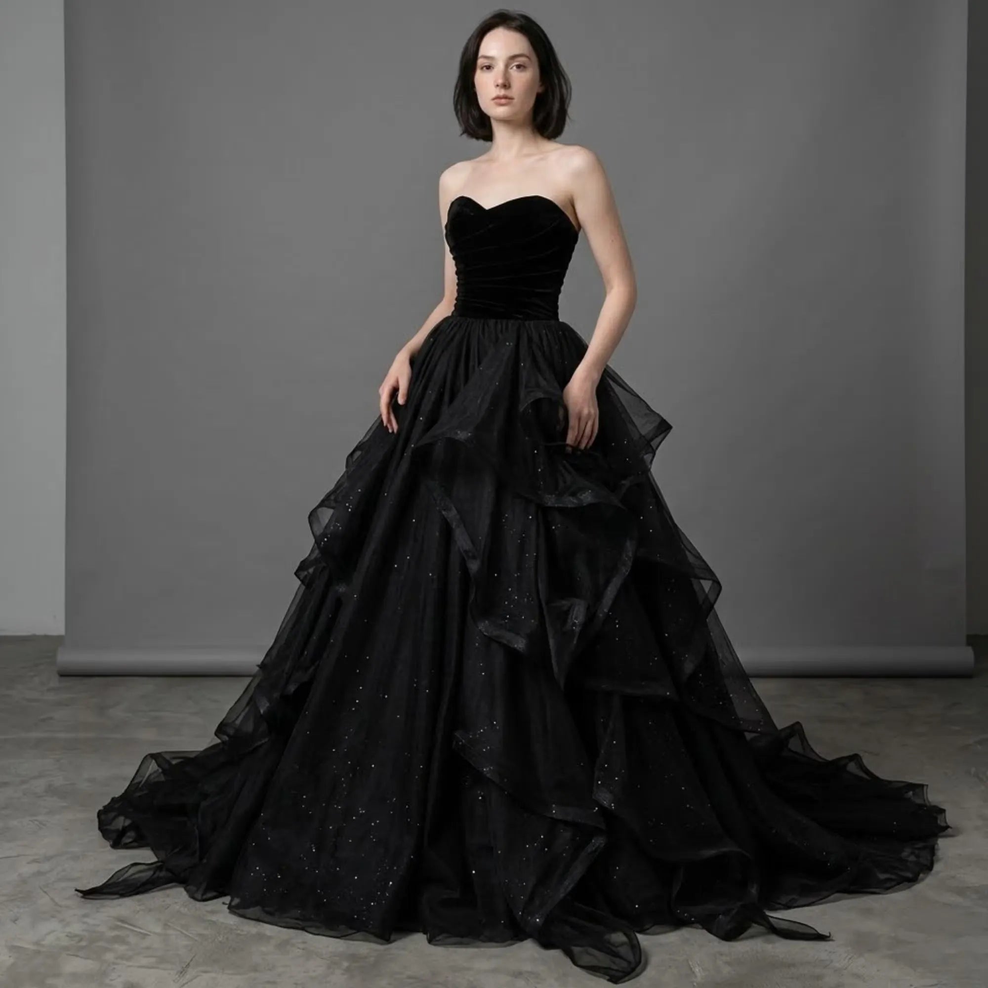Ball Gown Sweetheart Layers Glitter Tulle Velvet Black Prom Dress With Train