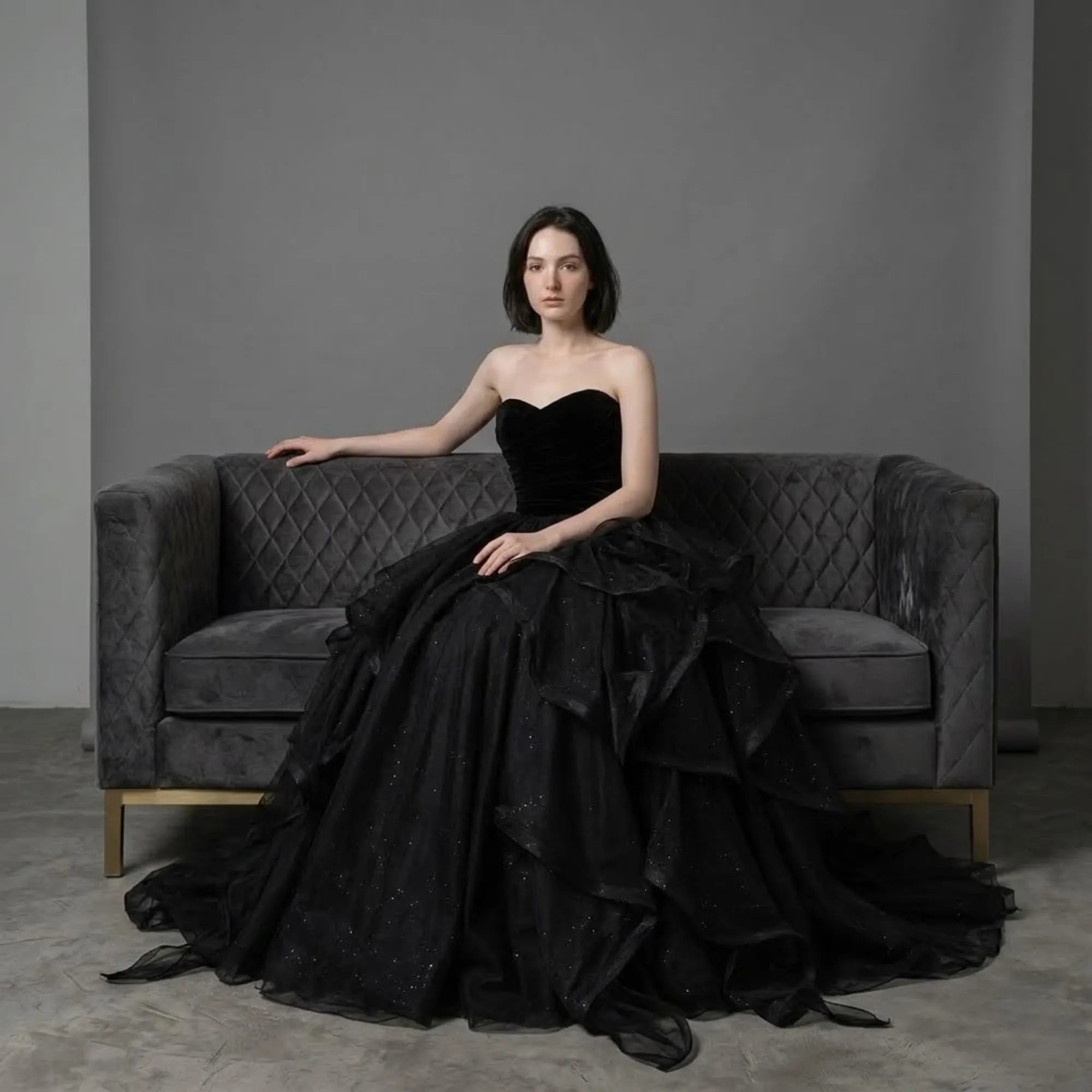Ball Gown Sweetheart Layers Glitter Tulle Velvet Black Prom Dress With Train