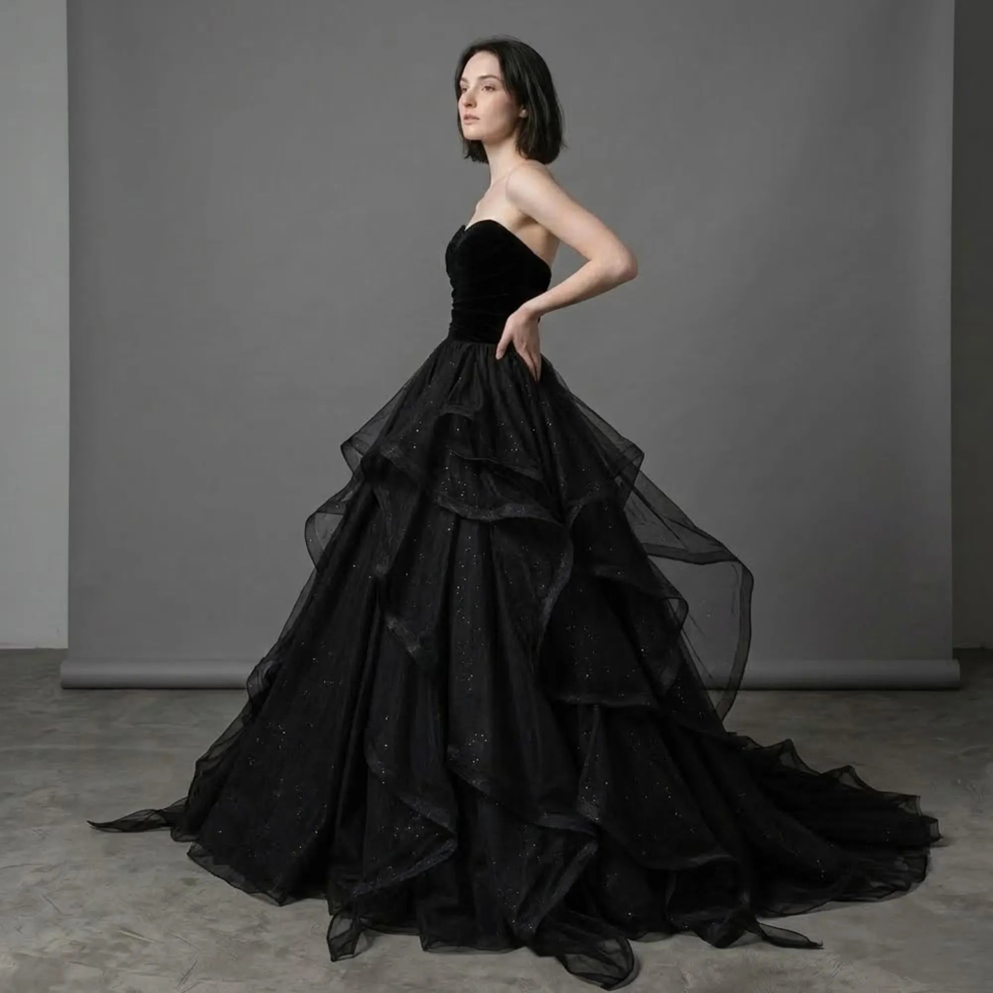 Ball Gown Sweetheart Layers Glitter Tulle Velvet Black Prom Dress With Train