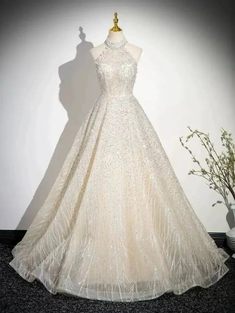 Ball Gown Halter Sleeveless Floor-Length Evening Dresses with Lace-up Jewel Appliques