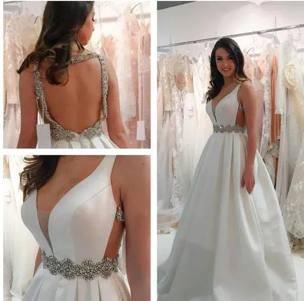Ball gown V-Neck Beaded Open-Back Satin White Chapel Wedding Dress Custom