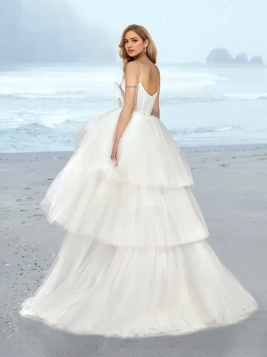 Beach Boho Wedding Dress Spaghetti Strap Deep V Bow Accent Tiered Tulle Skirt for Coastal Brides