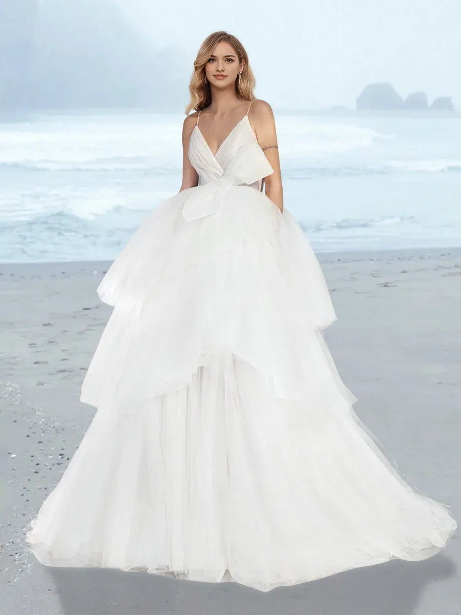 Beach Boho Wedding Dress Spaghetti Strap Deep V Bow Accent Tiered Tulle Skirt for Coastal Brides