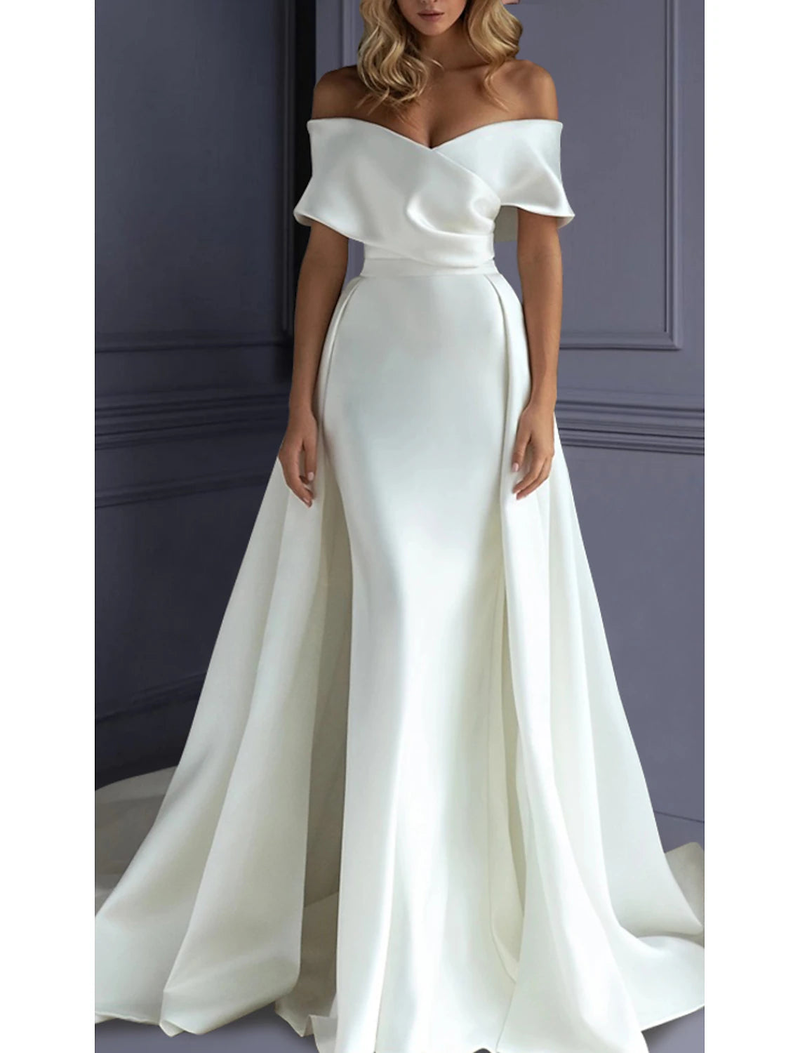 Beach Formal Wedding Dresses Mermaid Sweetheart Off Shoulder Sleeveless Sweep / Brush Train Satin Bridal Gowns With Solid Color