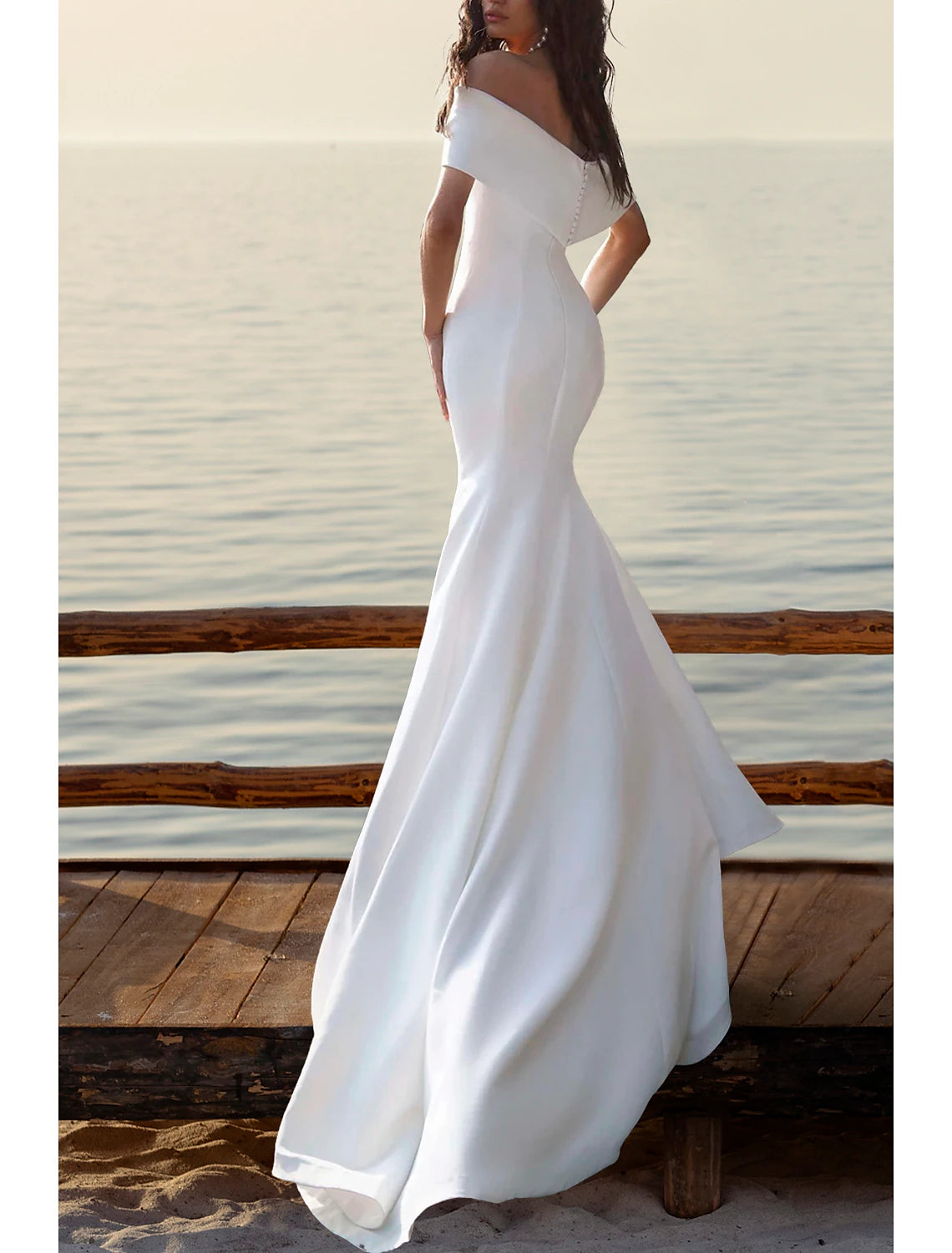 Beach Wedding Beach Casual Wedding Dresses Mermaid Off Shoulder Cap Sleeve Court Train Satin Bridal Gowns With Ruched