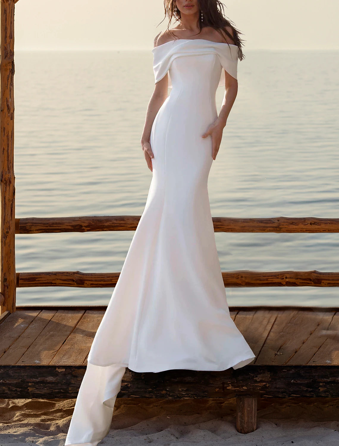 Beach Wedding Beach Casual Wedding Dresses Mermaid Off Shoulder Cap Sleeve Court Train Satin Bridal Gowns With Ruched