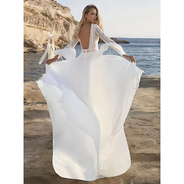 Beach Wedding Dresses A-Line Long Sleeve Scalloped Plunge Neckline Floor Length Chiffon Bridal Tops Bridal Gowns With Appliques