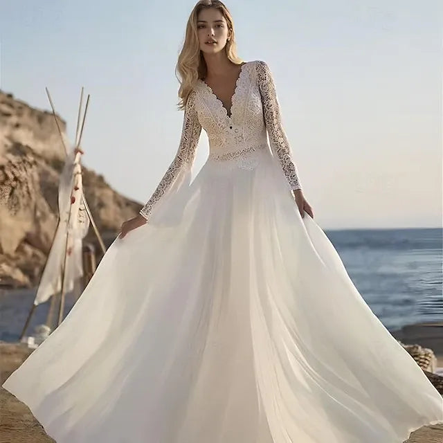 Beach Wedding Dresses A-Line Long Sleeve Scalloped Plunge Neckline Floor Length Chiffon Bridal Tops Bridal Gowns With Appliques
