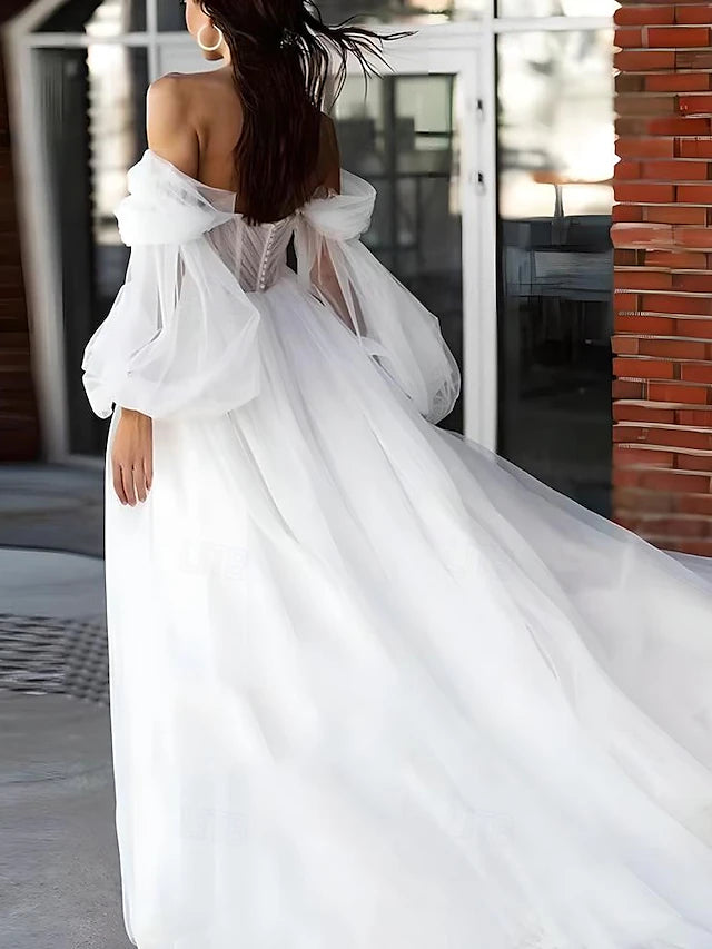 Beach Wedding Dresses A-Line Sweetheart Puff Sleeve Tulle Bridal Gowns With Ruched Details