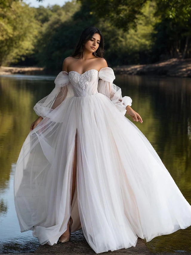 Beach Wedding Dresses A-Line Sweetheart Puff Sleeve Tulle Bridal Gowns With Ruched Details