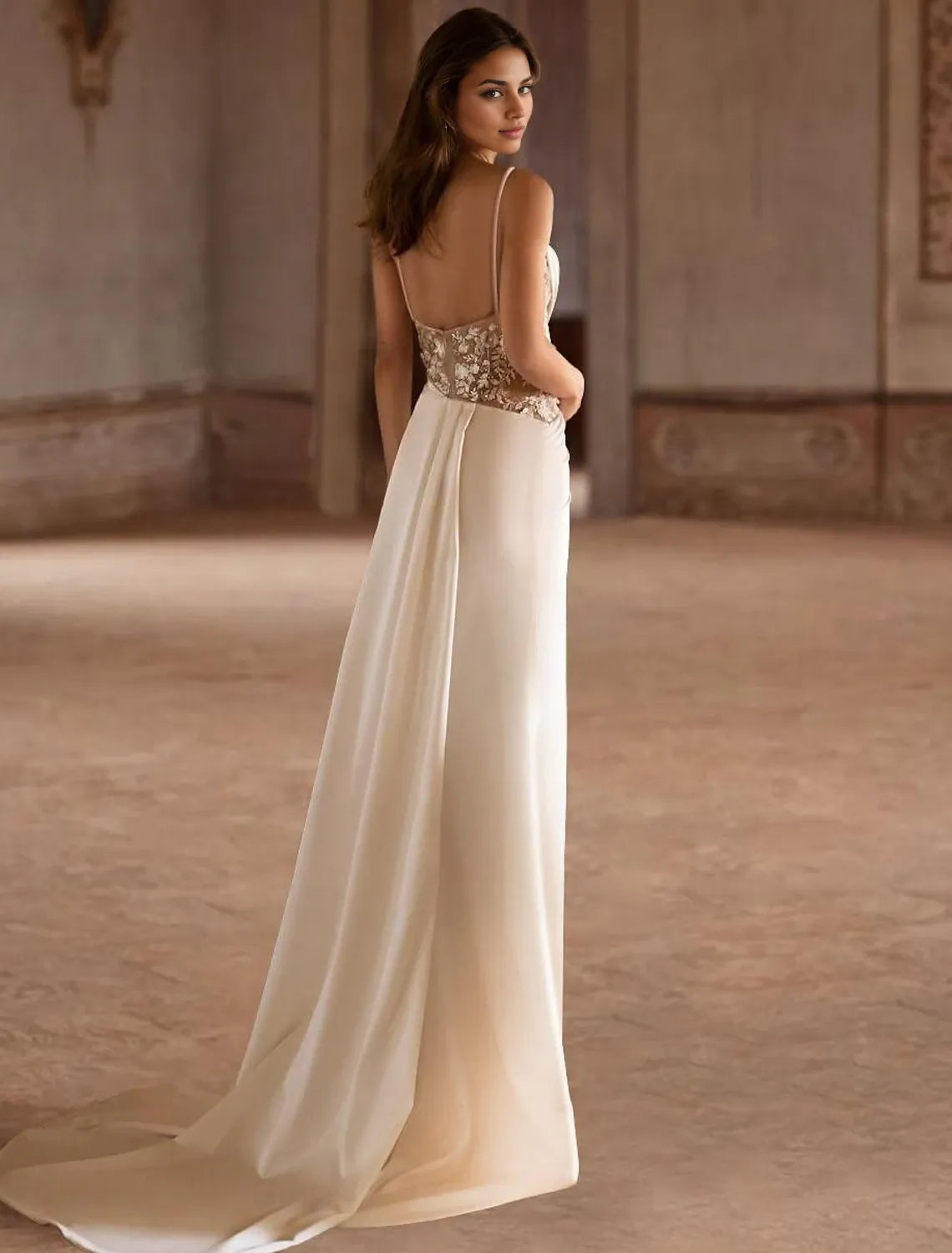 Beach formal Bohemian style simple wedding dress A-line round neck spaghetti strap swept/brushed satin bridal gown with pleated bead embellishments