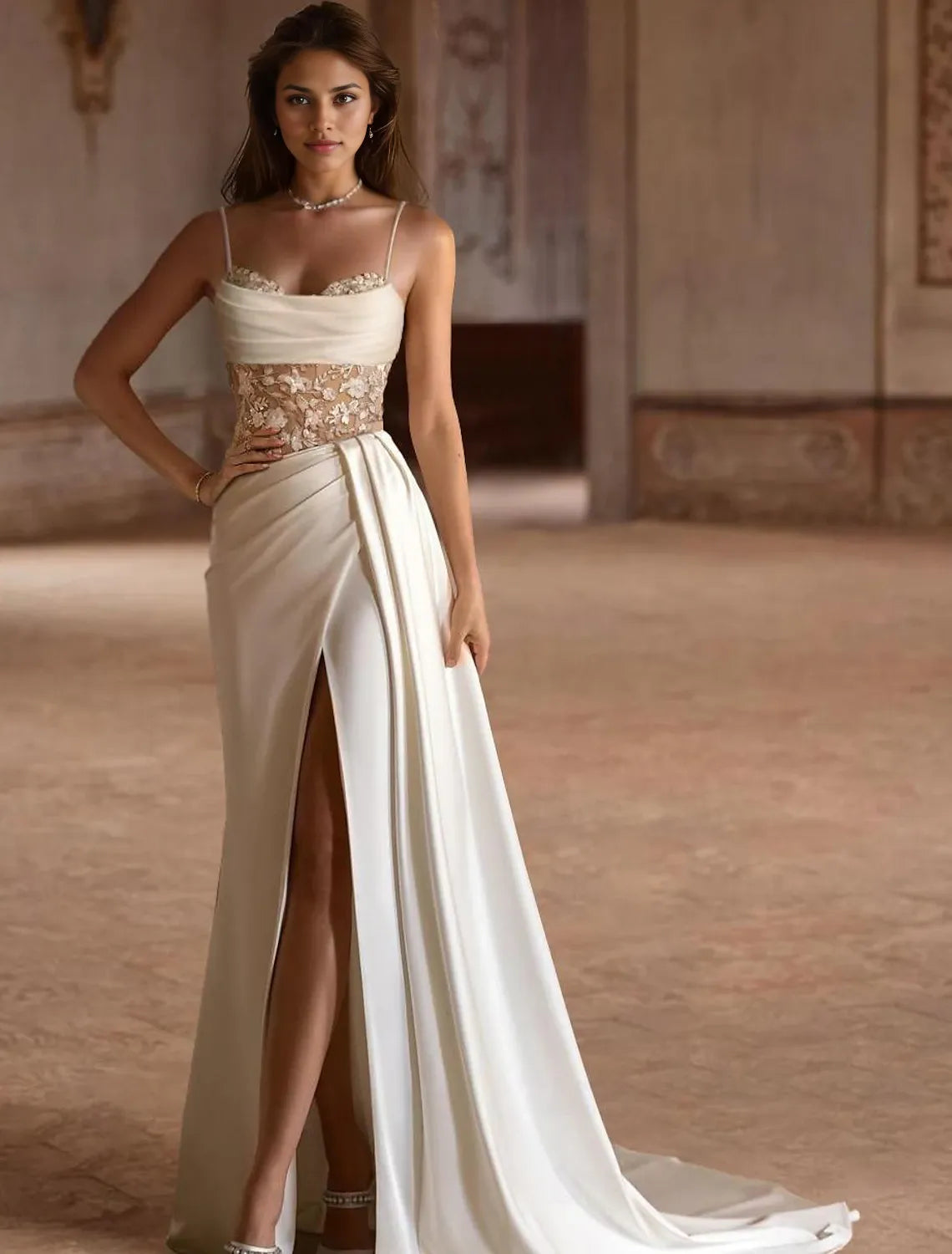 Beach formal Bohemian style simple wedding dress A-line round neck spaghetti strap swept/brushed satin bridal gown with pleated bead embellishments