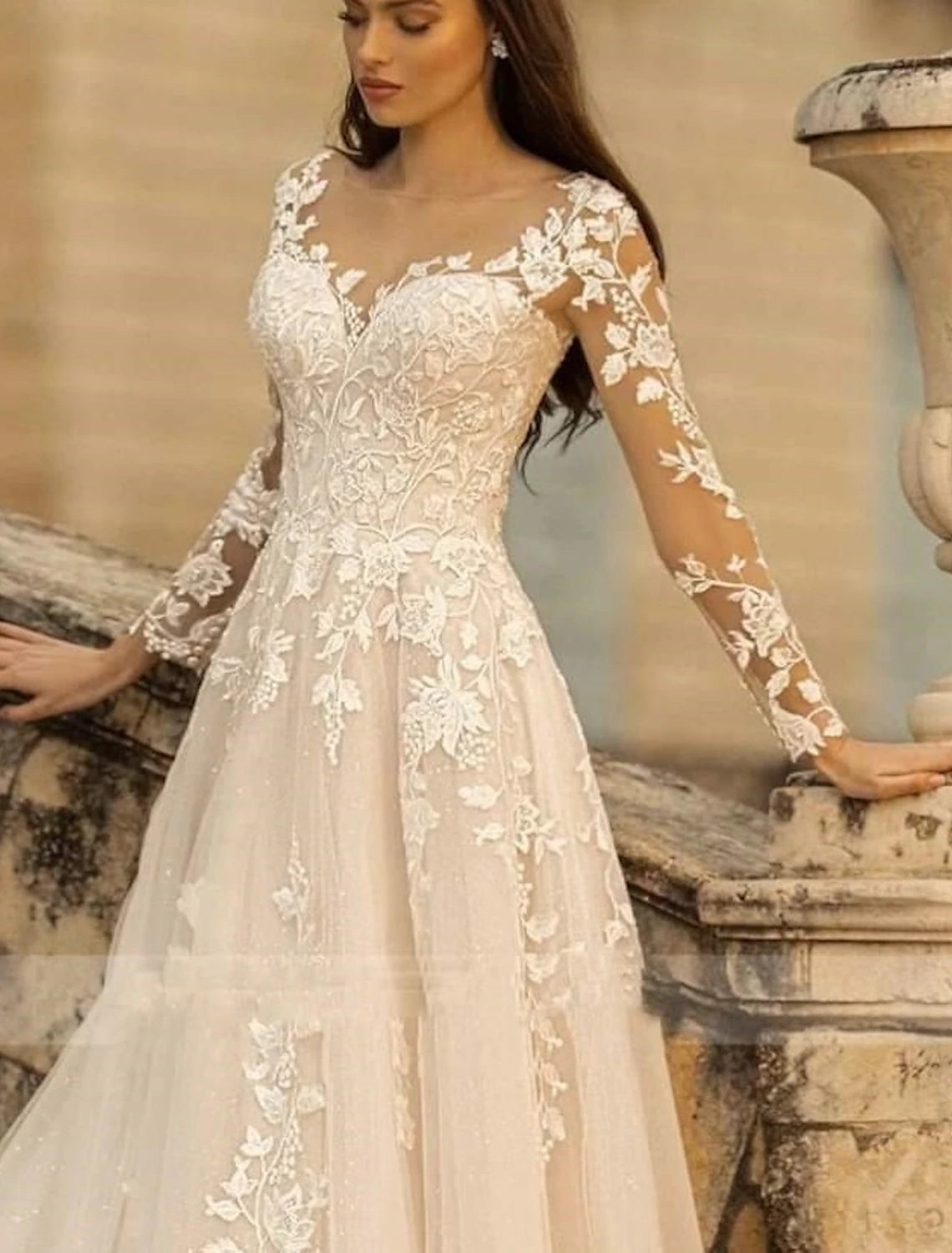 Beach wedding beach formal wedding dress A-line V-neck long sleeved swept/brushed lace wedding dress flower solid color