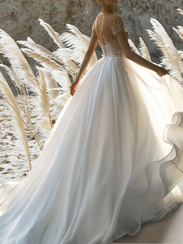 Beach wedding beach formal wedding dress A-line off shoulder short sleeved palace training chiffon wedding dress with pleated bead decoration