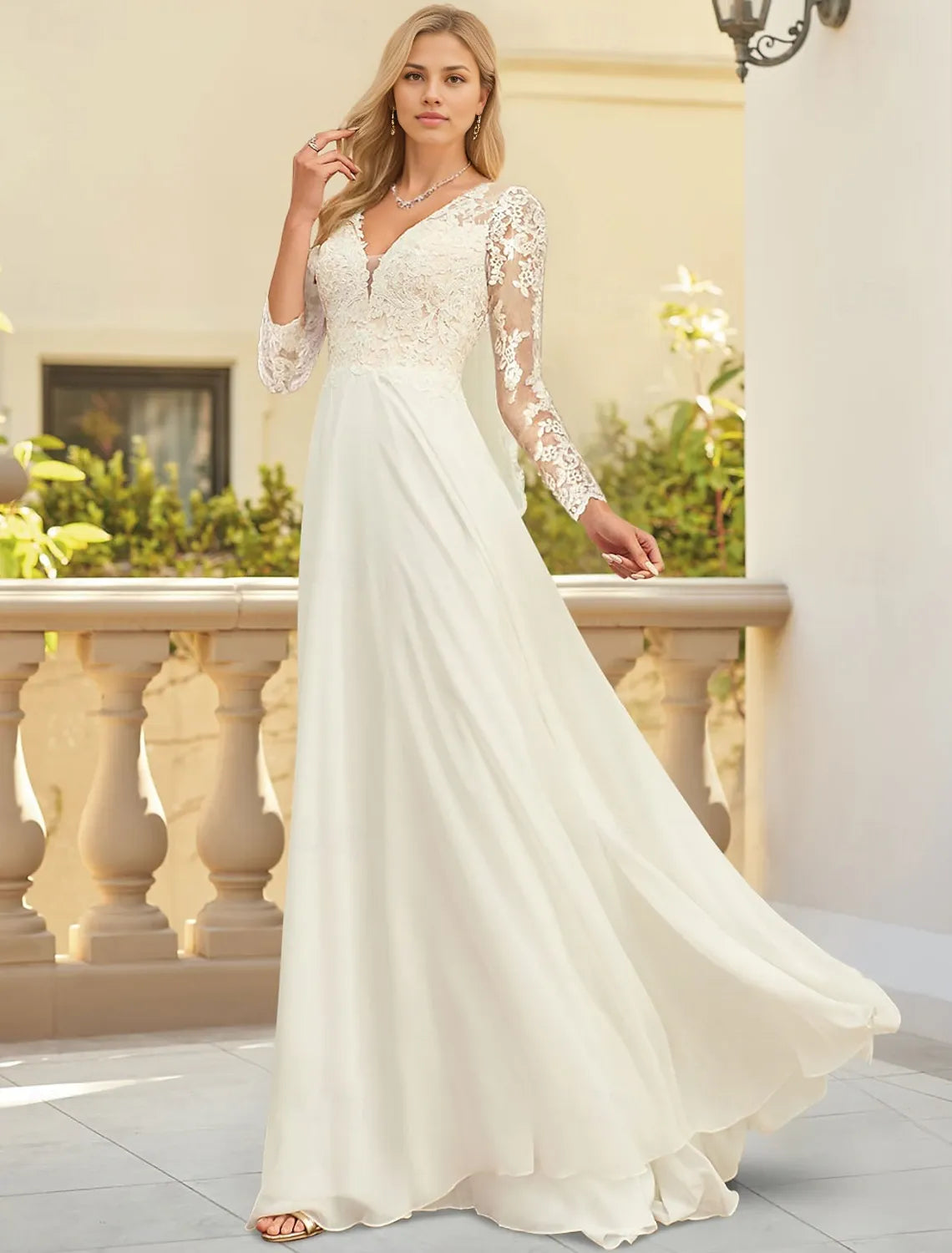 Beach wedding dress A-line V-neck long sleeved floor length chiffon bridal gown with pleats