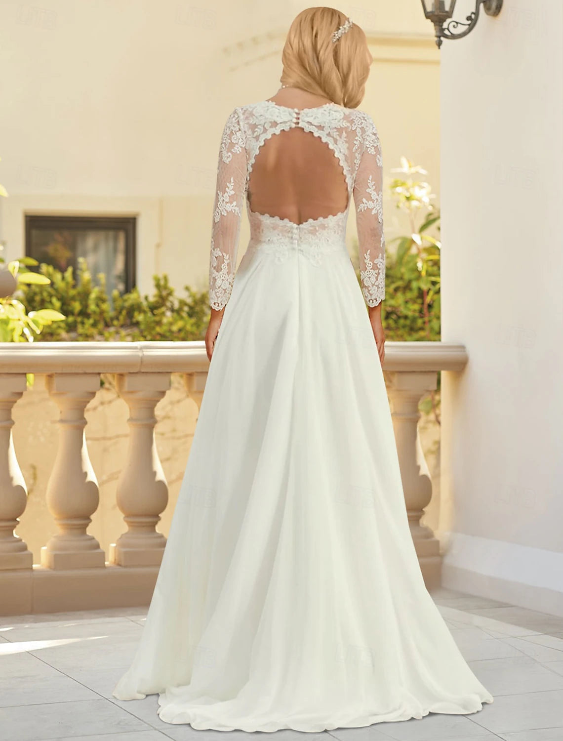 Beach wedding dress A-line V-neck long sleeved floor length chiffon bridal gown with pleats
