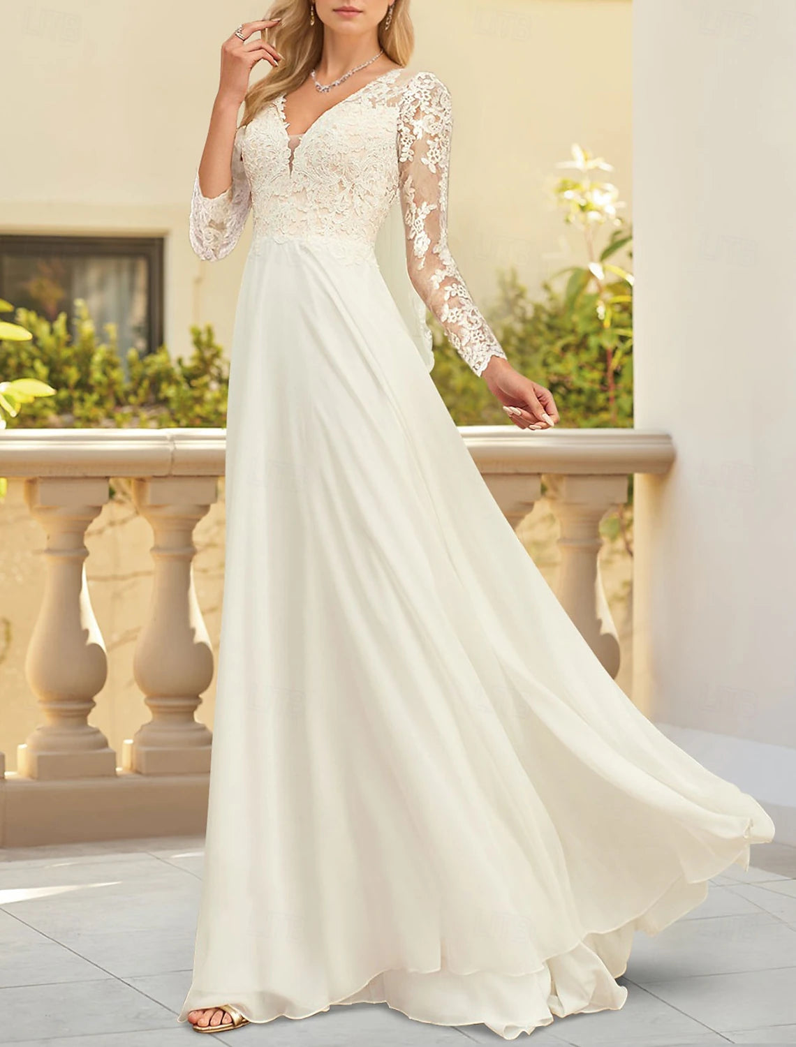 Beach wedding dress A-line V-neck long sleeved floor length chiffon bridal gown with pleats