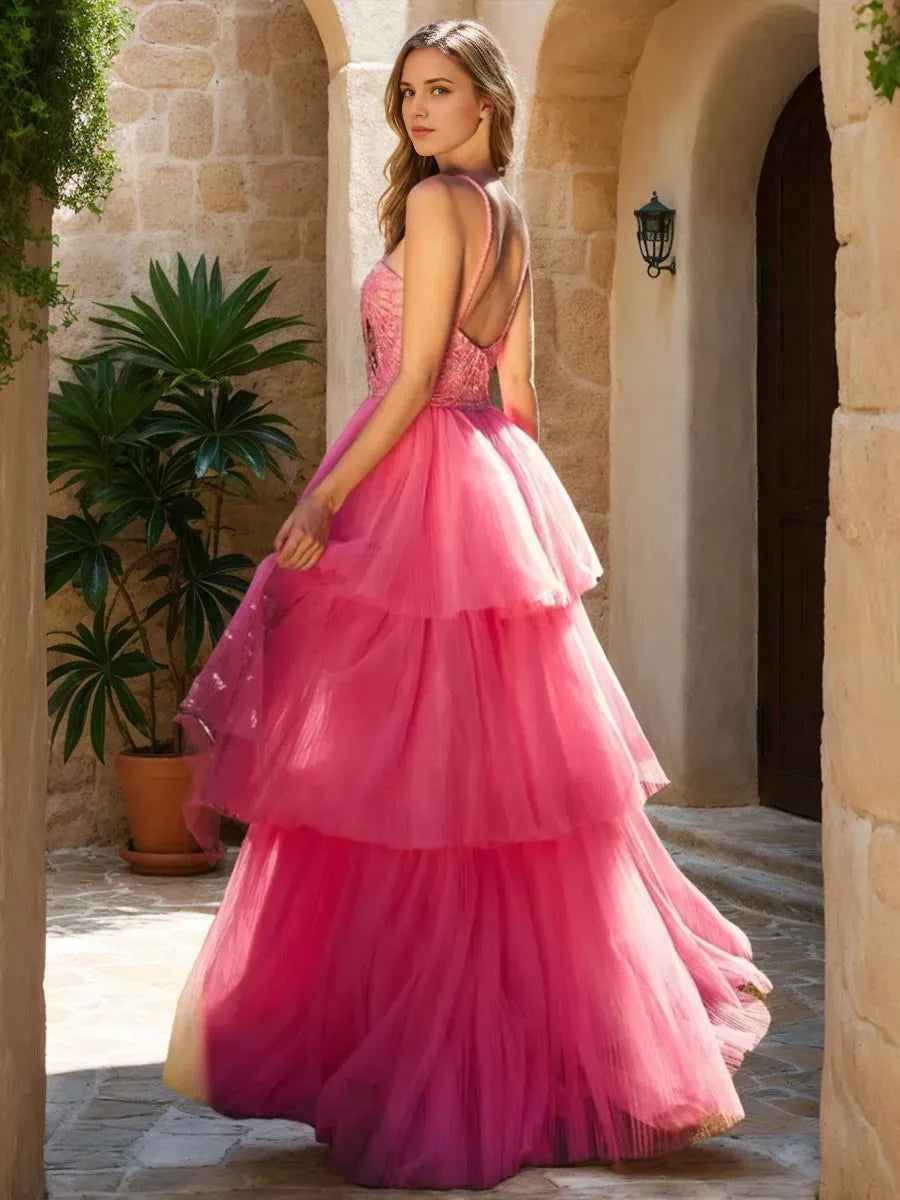 Beaded Hot Pink Prom Dress Halter Neck Tiered Tulle High  Low