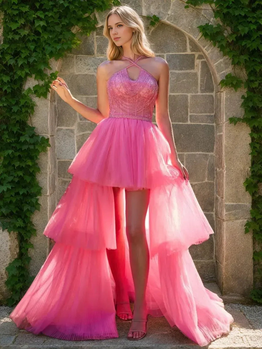 Beaded Hot Pink Prom Dress Halter Neck Tiered Tulle High  Low