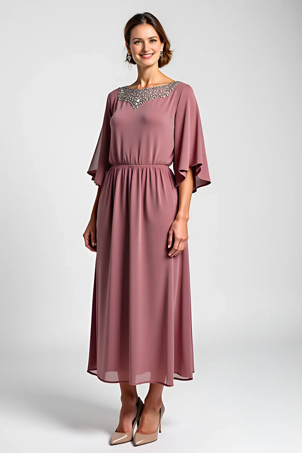 Beaded Vintage Mauve Scoop Mother of the Bride Dress with Half Sleeves