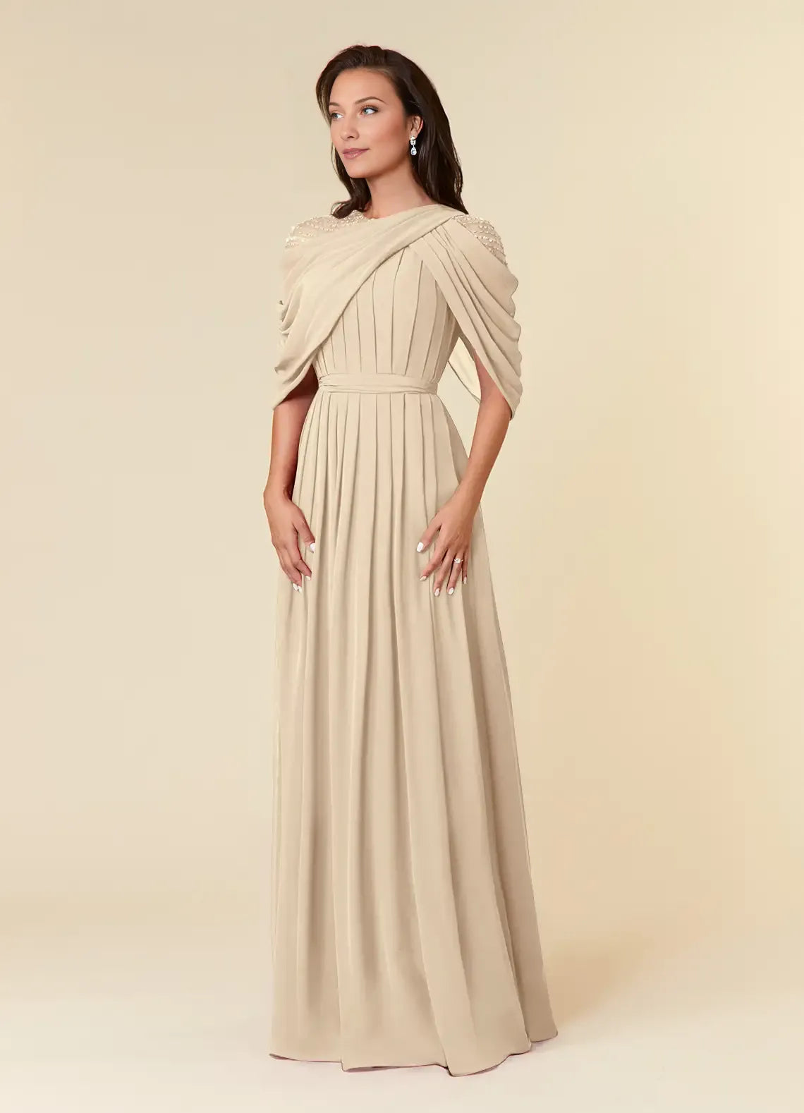 Beautiful A-Line Mother of the Bride Dresses Sequins Chiffon  with Draped Cape Sleeves Beaded Shoulder Embellishment Pleated Skirt