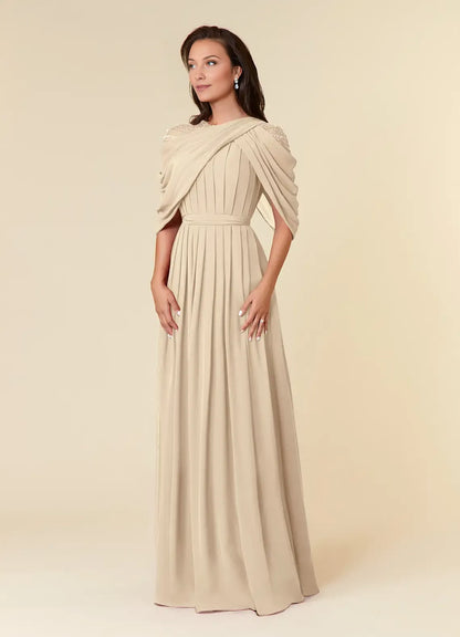 Beautiful A-Line Mother of the Bride Dresses Sequins Chiffon  with Draped Cape Sleeves Beaded Shoulder Embellishment Pleated Skirt