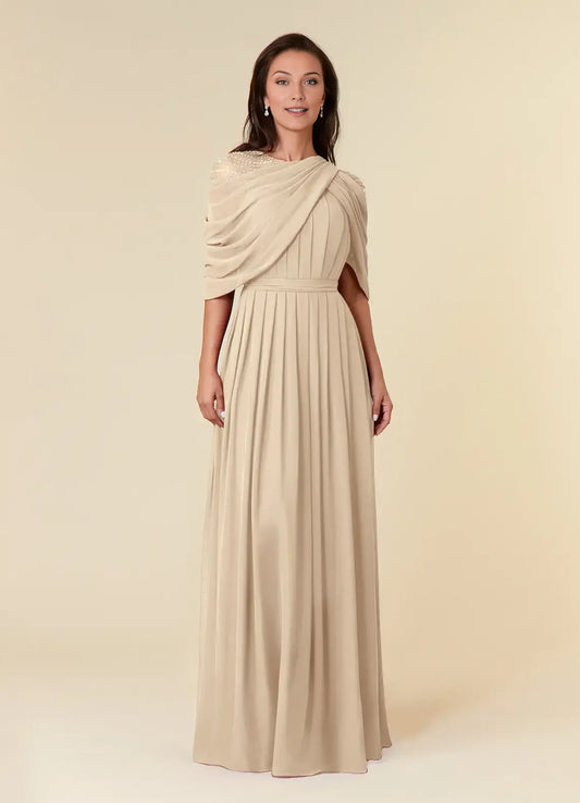 Beautiful A-Line Mother of the Bride Dresses Sequins Chiffon  with Draped Cape Sleeves Beaded Shoulder Embellishment Pleated Skirt