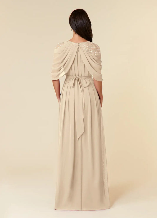 Beautiful A-Line Mother of the Bride Dresses Sequins Chiffon  with Draped Cape Sleeves Beaded Shoulder Embellishment Pleated Skirt