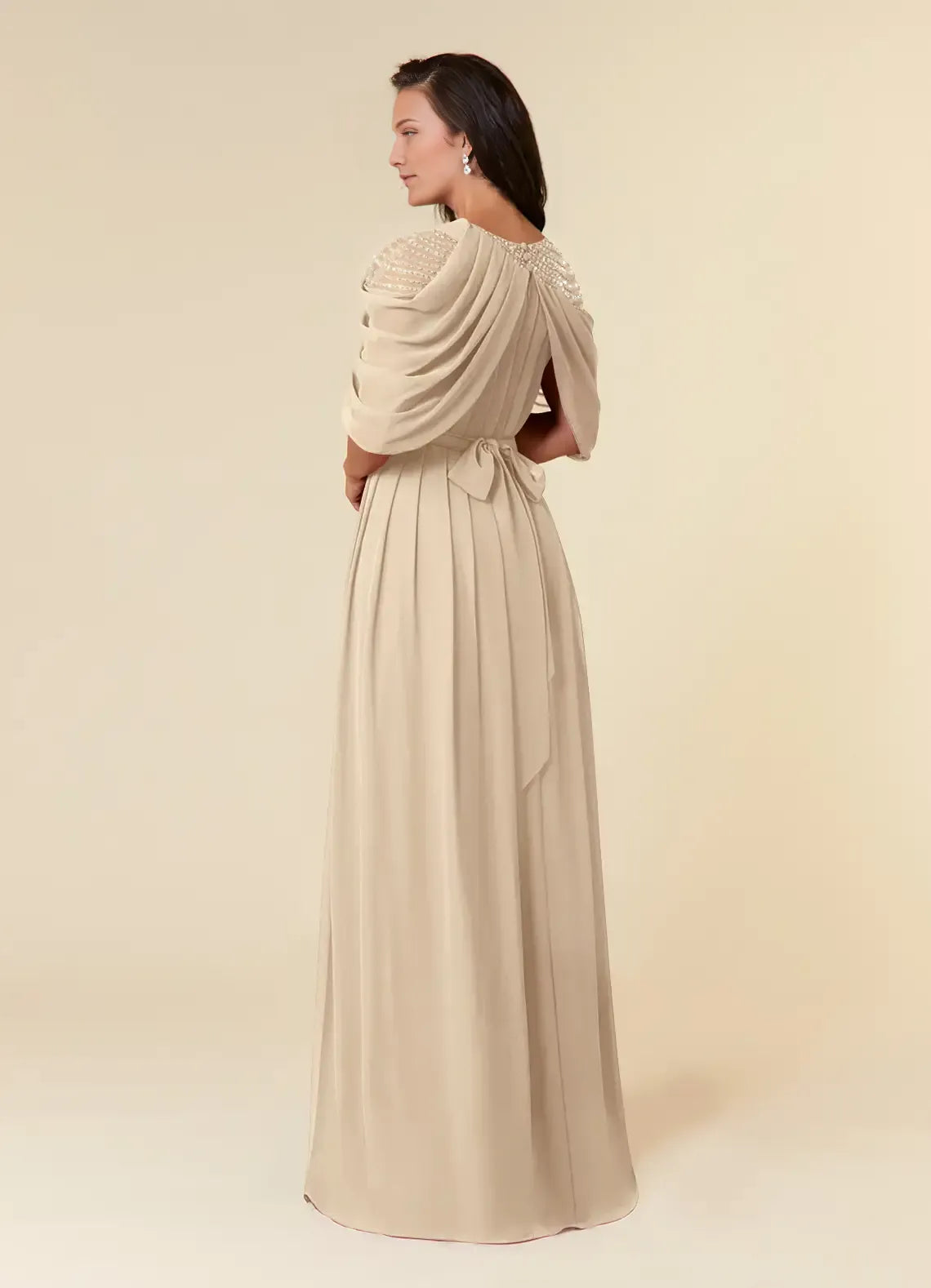 Beautiful A-Line Mother of the Bride Dresses Sequins Chiffon  with Draped Cape Sleeves Beaded Shoulder Embellishment Pleated Skirt