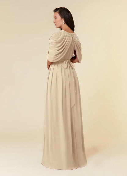 Beautiful A-Line Mother of the Bride Dresses Sequins Chiffon  with Draped Cape Sleeves Beaded Shoulder Embellishment Pleated Skirt