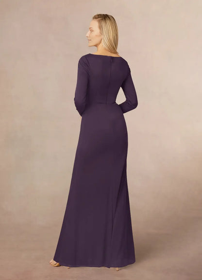 Beautiful A-Line Plum Mermaid V-Neck Pleated Mesh Mother of the Bride Dresses of the Bride  with line Long Sheer Sleeves Draped Ruffles and Side Slit for Timeless Wedding Celebrations
