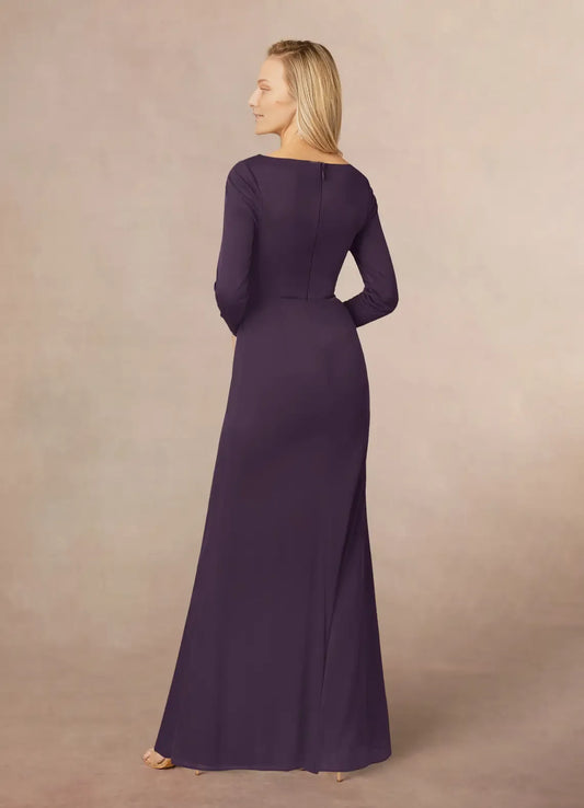 Beautiful A-Line Plum Mermaid V-Neck Pleated Mesh Mother of the Bride Dresses of the Bride  with line Long Sheer Sleeves Draped Ruffles and Side Slit for Timeless Wedding Celebrations