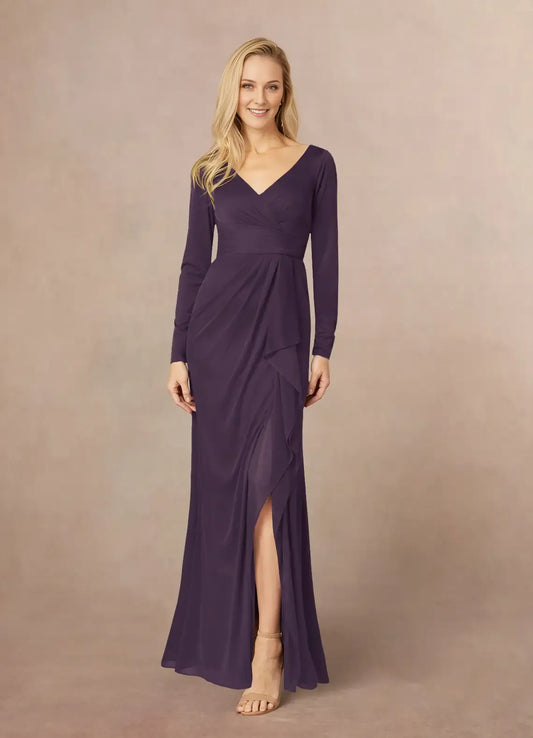 Beautiful A-Line Plum Mermaid V-Neck Pleated Mesh Mother of the Bride Dresses of the Bride  with line Long Sheer Sleeves Draped Ruffles and Side Slit for Timeless Wedding Celebrations