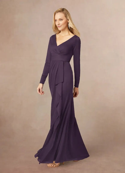 Beautiful A-Line Plum Mermaid V-Neck Pleated Mesh Mother of the Bride Dresses of the Bride  with line Long Sheer Sleeves Draped Ruffles and Side Slit for Timeless Wedding Celebrations