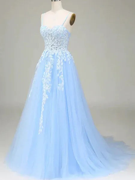 Beautiful A-Line Sweetheart Neck Lace Applique Tulle Sky Blue Long Prom Dress