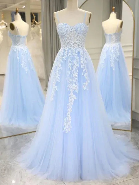Beautiful A-Line Sweetheart Neck Lace Applique Tulle Sky Blue Long Prom Dress