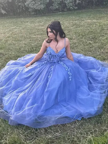 Beautiful A-Line V Neck Floral Applique Glitter Tulle Blue Long Prom Dress