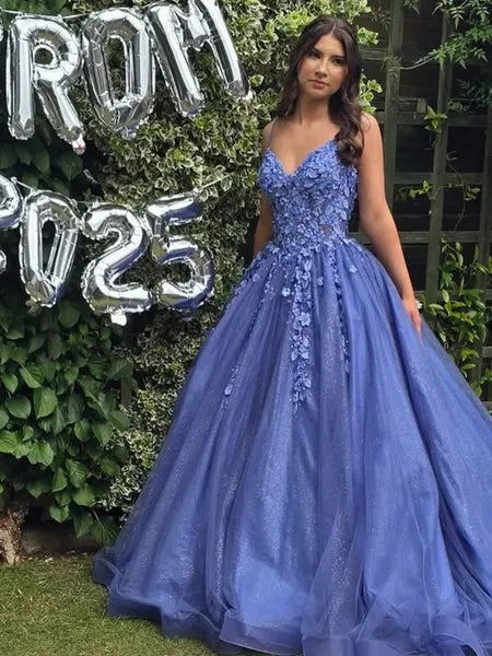 Beautiful A-Line V Neck Floral Applique Glitter Tulle Blue Long Prom Dress