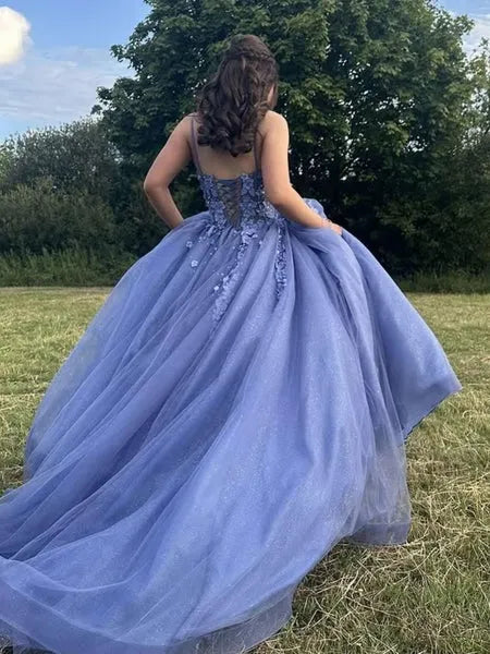 Beautiful A-Line V Neck Floral Applique Glitter Tulle Blue Long Prom Dress
