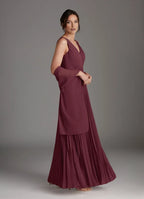 Beautiful Cabernet A-Line Mother of the Bride Dresses Sequins Chiffon with Sleeveless V - Neck Pleated Skirt and Matching Shawl