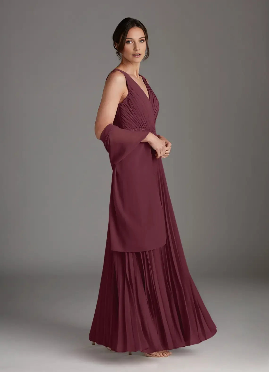 Beautiful Cabernet A-Line Mother of the Bride Dresses Sequins Chiffon with Sleeveless V - Neck Pleated Skirt and Matching Shawl